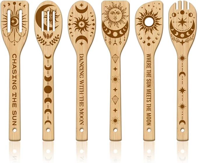 GLOBLELAND 6Pcs Sun and Moon Bamboo Cooking Utensils Wooden Engraved Cooking Spoons Set Moon Phases Kitchen Bamboo Spatula for Women and Men Wood Cooking Spoon for Kitchen House Warming Gift
