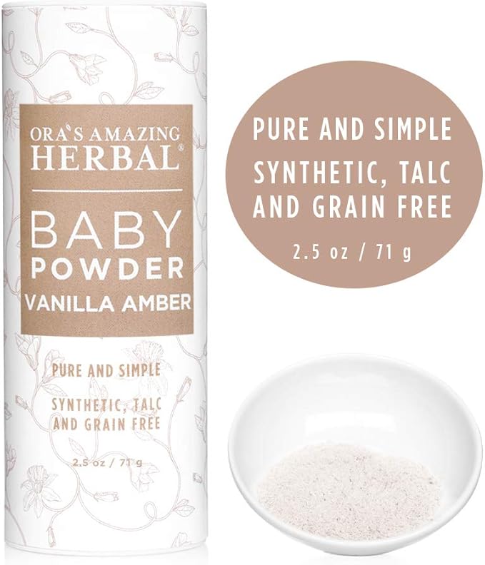 Ora's Amazing Herbal Baby Powder Talc-Free, Real Vanilla Amber Natural Scent, Cornstarch Free Arrowroot and Clay Based Powder, 2.5 oz
