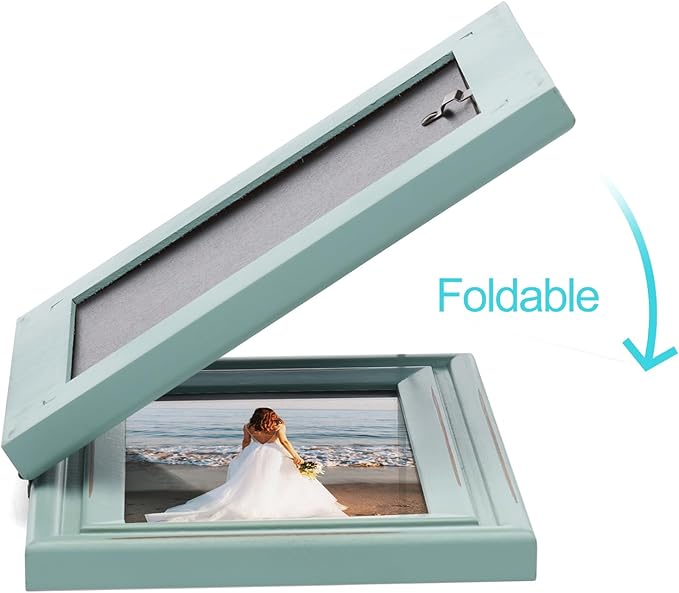 Horizontal & Vertical 5X7 Picture Frames Double Hinged Wood Folding Photo Frames with Real Glass Front Fit for Desktop or Tabletop Display Pictures 4x6 with Mat or 5x7 Without Mat, Teal Blue