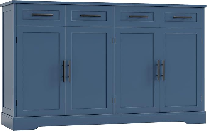 HOSTACK 60" Large Buffet Sideboard with Storage, 36" Tall Kitchen Buffet Storage Cabinet with 4 Drawers, Modern Coffee Bar Cabinet with Gold Handles, Long Sideboard Buffet Table for Kichen, Blue