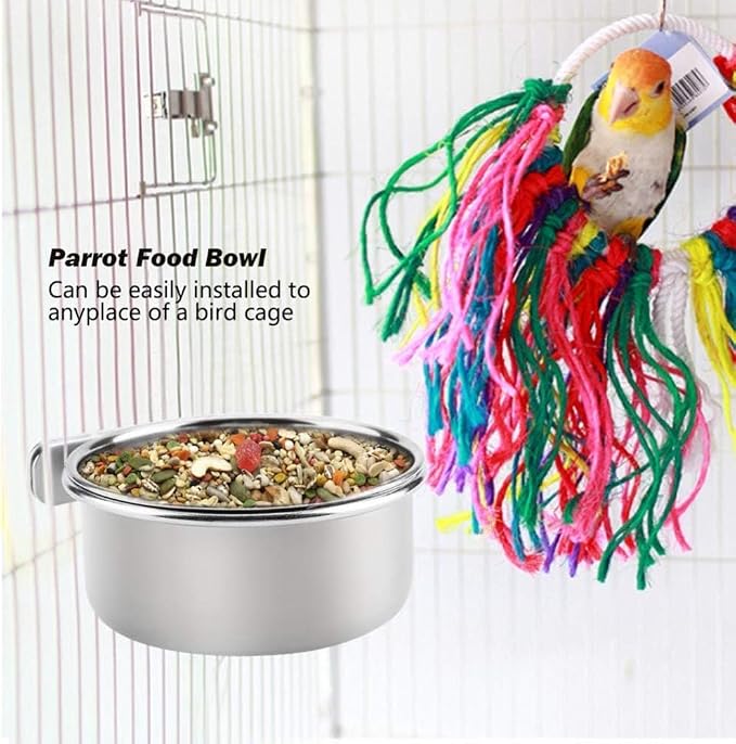PINVNBY Parrot Feeding Cups Birds Food Dish Stainless Steel Parrot Feeders Water Cage Bowls with Clamp Holder for Cockatiel Conure Parakeet Macaw Small Animal (2PCS, Size: M)