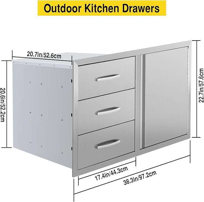 Outdoor Kitchen Drawers Stainless Steel 38.3W X 22.7H X 20.7D Inch, Flush Mount Triple BBQ Island Drawers with Handle for Outdoor Kitchens, Patio or Grill Station