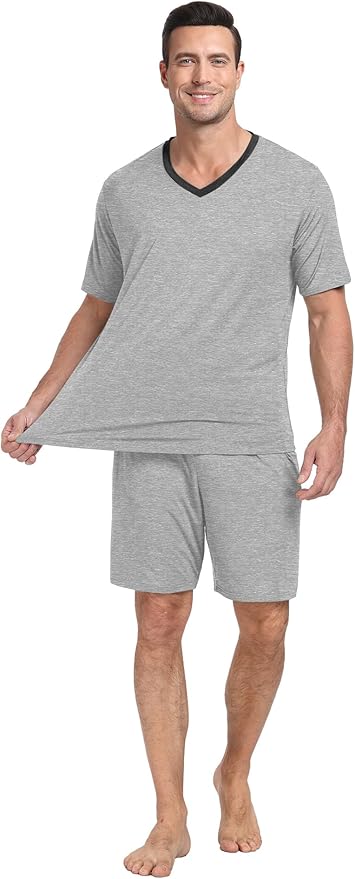 PrinStory Men's Pajama Set Sleepwear Pjs Lightweight Quick Dry Short Sleeve V-Neck Shirts and Shorts Soft Comfy Sleep Sets