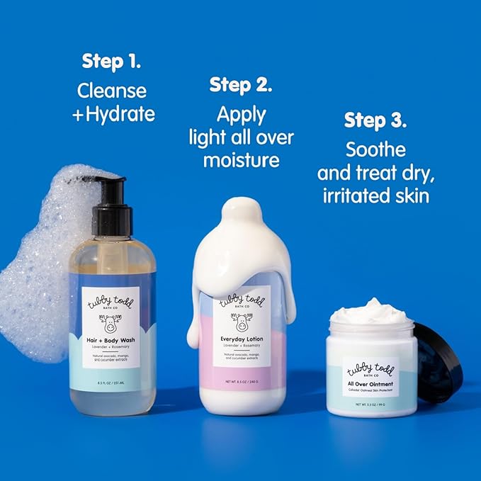 TUBBY TODD 3-Step Baby Bath & Skincare Routine - The Regulars Bundle - Baby Shampoo and Body Wash, Everyday Lotion 25 Oz & All Over Ointment 8 Oz - Fragrance-Free