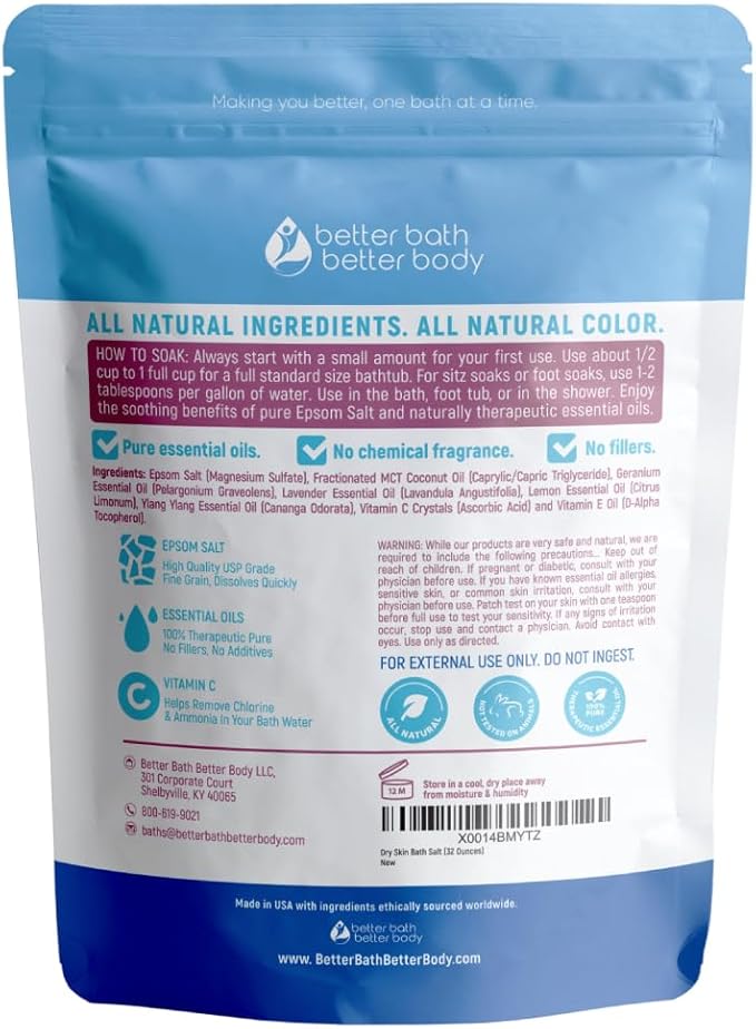 Dry Skin Bath Salt 32 Ounces (2 Lbs) Epsom Salt with Natural Geranium and Lavender Essential Oils Plus Vitamin C in BPA Free Pouch with Easy Press Lock Seal Made in USA