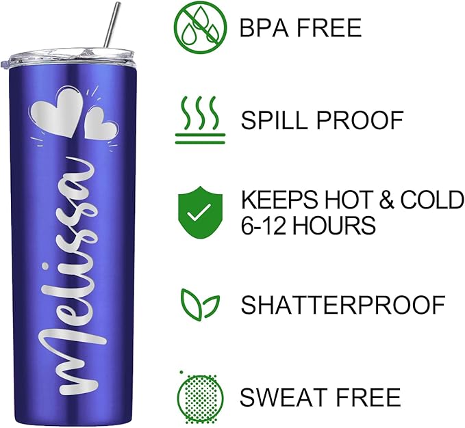 Personalized Skinny Tumbler with Lid and Straw Custom Engraved Insulated Stainless Steel Cup with Name Text Customized Gifts for Women Men Him Her Dad Mom 20oz