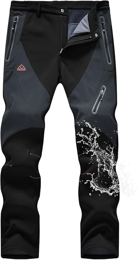 TBMPOY Men's Snow Pants Fleece Lined Hiking Winter Waterproof Softshell Ski Outdoor Insulated Climbing Pants Zipper Pockets