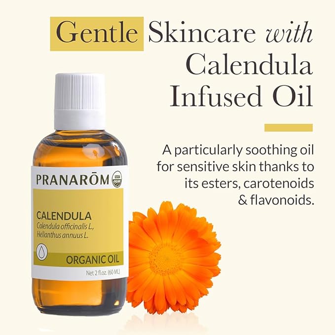 Pranarom - USDA Certified Organic French Calendula Virgin Plant Oil - 2 fl oz Glass Bottle - Gentle Soothing Oil for Sensitive Skin, Moisturizer