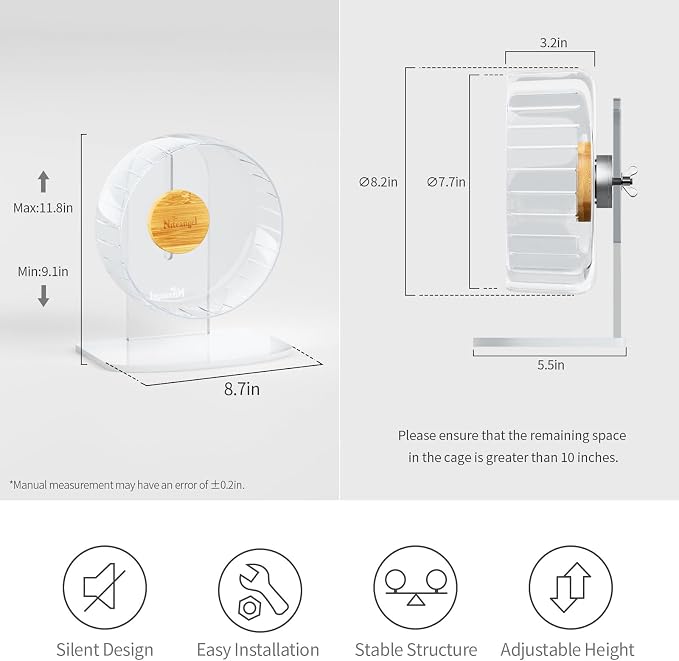 Niteangel Super-Silent Hamster Exercise Wheel: Quiet 8.2 inch Running Wheel | Can 9.1-11.8" Adjustable Height - No Bend Back Spinner Running for Dwarf Syrian Hamster Gerbils Mice Or Other Small Animal