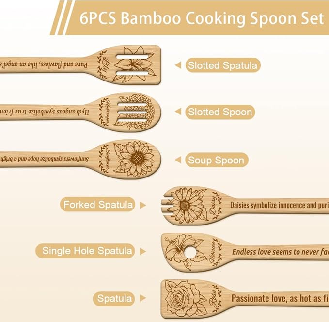 GLOBLELAND 6Pcs Flowers Bamboo Cooking Utensils Wooden Engraved Cooking Spoons Set Carving Kitchen Bamboo Spatula Set for Women and Men Wood Cooking Spoon for Kitchen House Warming Gift