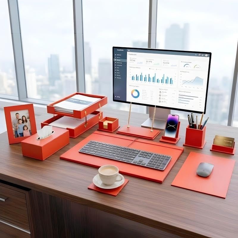 Luxury Executive Leather Desk Organizer Set –13-Piece Office Desk Accessories with Desk Pad, Letter Tray, Phone Stand, Pen Holder & Coasters – Professional Office Desk Decor & Gift (Orange)