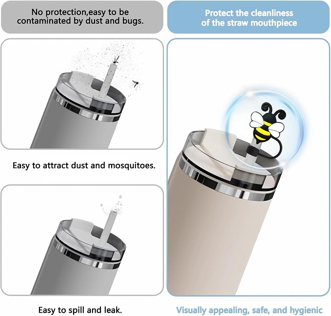 Animal Straw Toppers For Stanley Cups;Straw Covers Cap Toppers Compatible With Stanley 30&40 Oz Tumbler, Reusable & Silicone Tumbler Straws Topper For 0.4 Inch Tips Animal Lover Gifts (Bee)