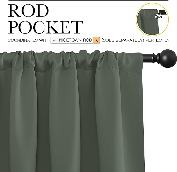 NICETOWN Bedroom Curtains Blackout Draperies - All Season Thermal Insulated Solid Rod Pocket Top Blackout Curtains/Drapes for Kid's Room (Dark Mallard, 1 Pair, 42 x 36 Inch)
