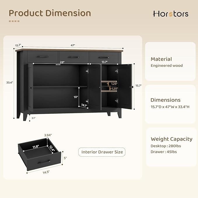 HORSTORS 47" Buffet Cabinet with Storage, Kitchen Buffet Table with Drawers, Modern Farmhouse Coffee Bar Storage Cabinet with Adjustable Shelf, Wood Sideboard for Dining Room, Kitchen, Entryway, Black