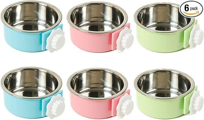 kathson Crate Dog Bowl, Removable Stainless Steel Hanging Pet Cage Bowl Food & Water Feeder Coop Cup for Cat, Puppy, Birds, Rats, Guinea Pigs (6 PCS, Size: L, 2×Blue,2×Green,2×Pink)