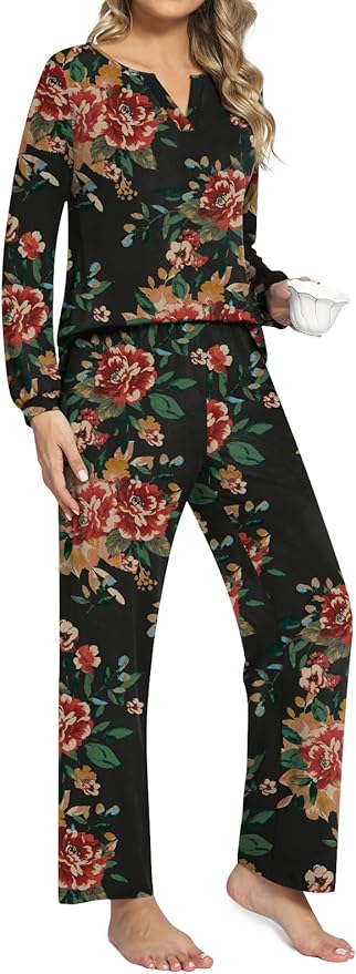 Anyally Women's Plus Size Pajama Sets Ladies Fall Pjs 2 Pieces Lounge Outfits V Neck Long Sleeves Sleepwear with Pockets