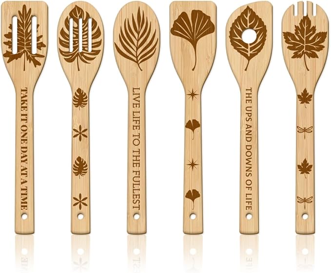 GLOBLELAND 6Pcs Leaves Bamboo Cooking Utensils Wooden Monstera Ginkgo Maple Engraved Cooking Spoons Spatula for Women and Men Wood Cooking Spoon for Kitchen House Warming Gift