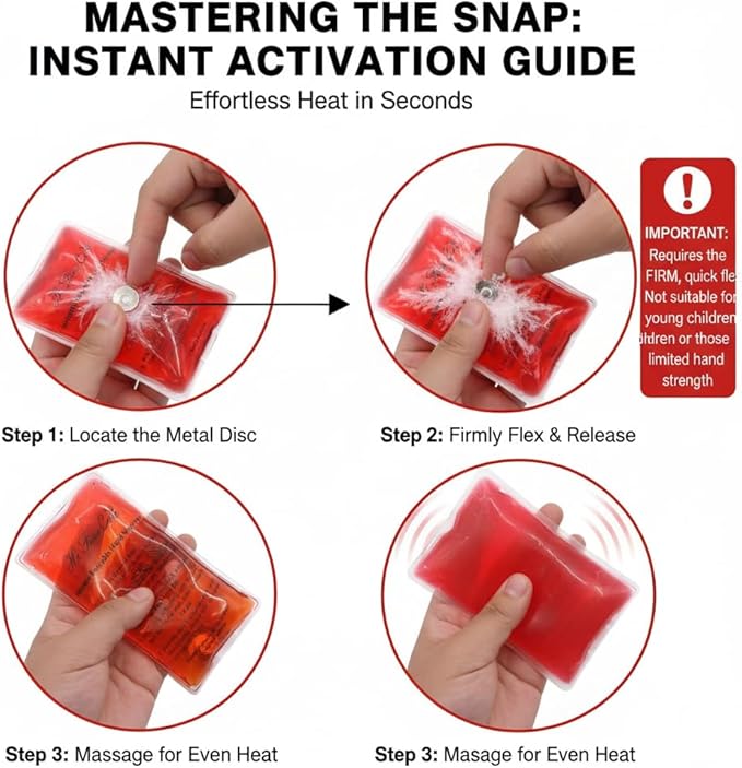 Reusable Snap Heat Pack, Hand Warmers Click, Boil Click Heat Pocket Hand Warmer, Pouch Gel Hand Warmers Long Lasting Warmth (4 Pack