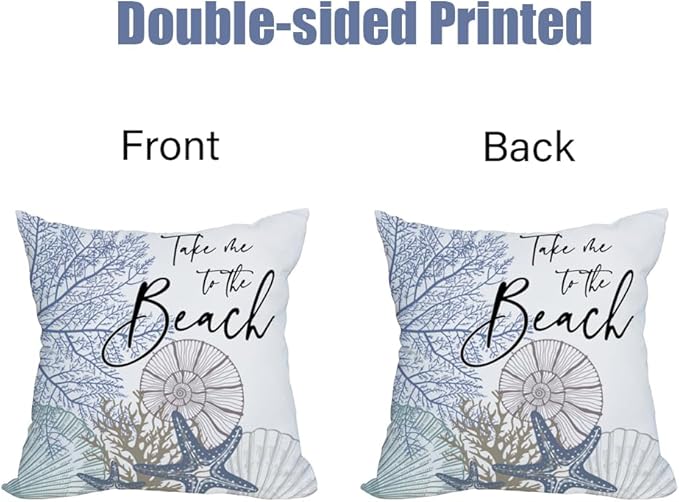 Fukeen 2 Pack Waterproof Take Me to The Beach Summer Pillow Covers 22x22 Inch Blue Ocean Sea Shell Coral Conch Starfish Throw Pillow Covers Outdoor Coastal Decorations Cushion Case Double Sided