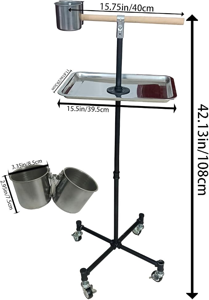 Bird Stand Parrot Stand 2 Stainless Steel Food Bowls | Stainless Steel Tray Including Macaws, Parakeets, Lovebirds, Cockatiels, For Indoor And Outdoor Use Black 42