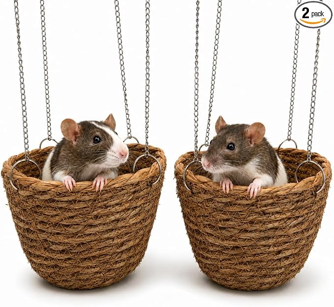 2 Pack Rat Hammock for Cage, Natural Grass Woven Hanging Basket Beds with Adjustable Chains, Pet Rat Cage Accessories for Resting, Perching and Enrichment, 6.3 in