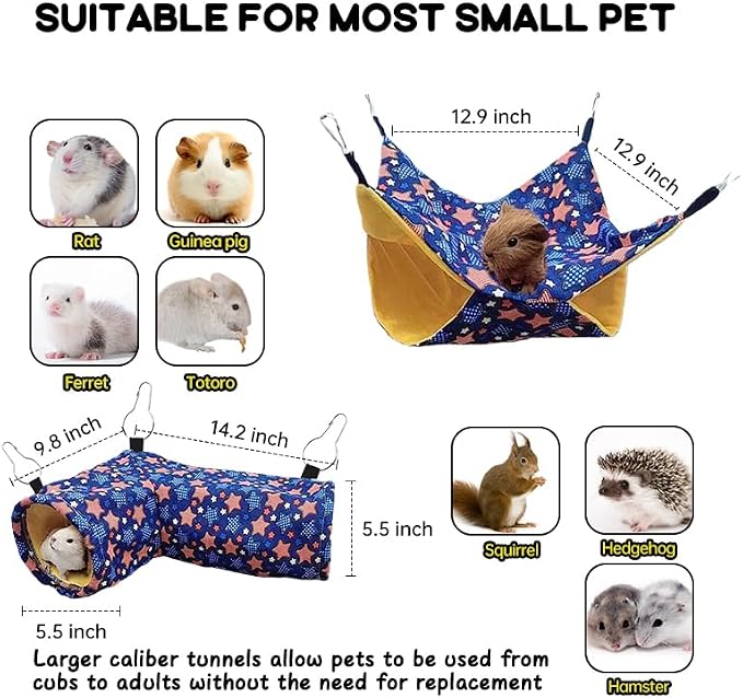 EAEDMY Guinea Pig Rat Tunnel Ferret Hammock, Small Animal Corner Tunnel & Tubes & Bed for Hedgehog Piggy Chinchilla Hideout Toys and Cage Accessories (3.Hammock&Tunnel)