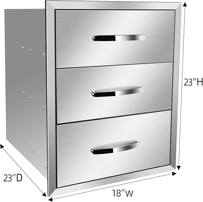 Outdoor Kitchen Drawers Stainless Steel 18W X 23H X 23D Inch, Flush Mount Triple BBQ Island Drawers with Handle for Outdoor Kitchens, Patio or Grill Station