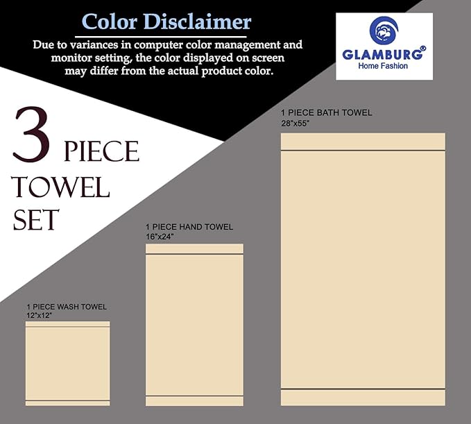 GLAMBURG Ultra Soft 3 Pack Cotton Towel Set, Contains a Bath Towel 28x55 inch, a Hand Towel 16x24 inch & a Wash Coth 12x12 inch, Ideal Everyday use, Compact & Lightweight - Ivory