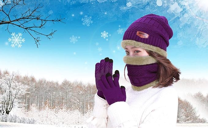 HINDAWI Winter Hat Scarf Gloves Slouchy Beanie Snow Knit Skull Cap Touch Screen Mittens Circle Scarves for Women Men