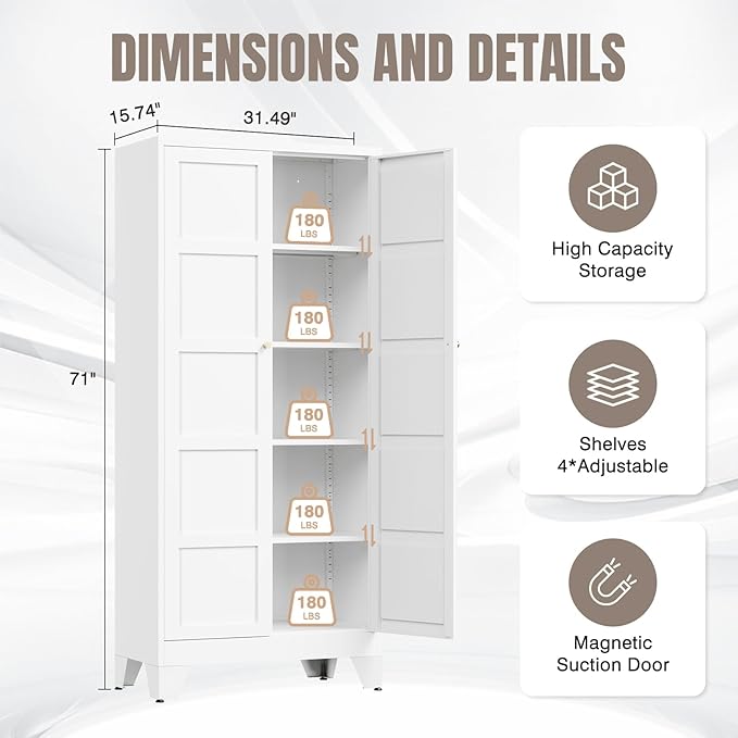 Yizosh Metal Storage Cabinet with 2 Doors and 4 Adjustable Shelves,- 71" White Kitchen Pantry Storage Cabinet for Kitchen,Dining Room,Living Room