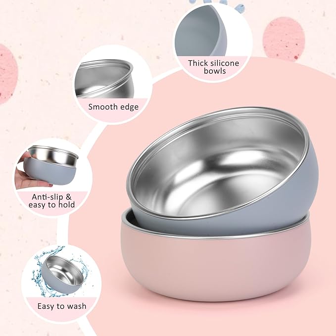 ShineMe Stainless Steel Baby Bowls, 2 pack Toddler Bowls with Removable Colorful Silicone Sleeve, Unbreakable Kids Bowls Non-Slip for Candy, Soup, Cereal, Yogurt, Snacks...