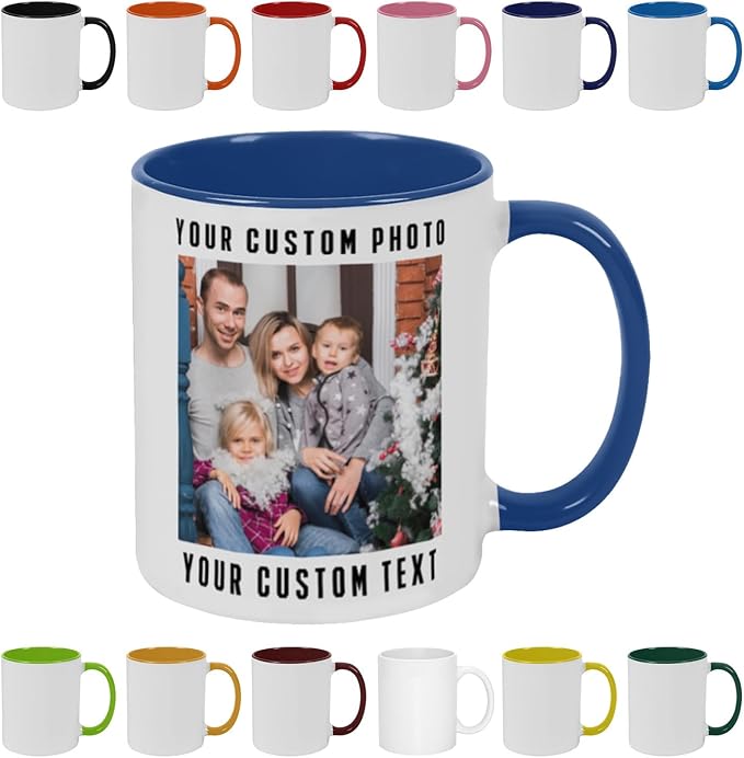 Personalized Coffee Mug with Photo, Logo or Text - Customized Gift Idea for Men & Women, Mom, Dad, Friends - Christmas Birthday Valentines Gifts, Party Favors Tea Cup - White/Blue