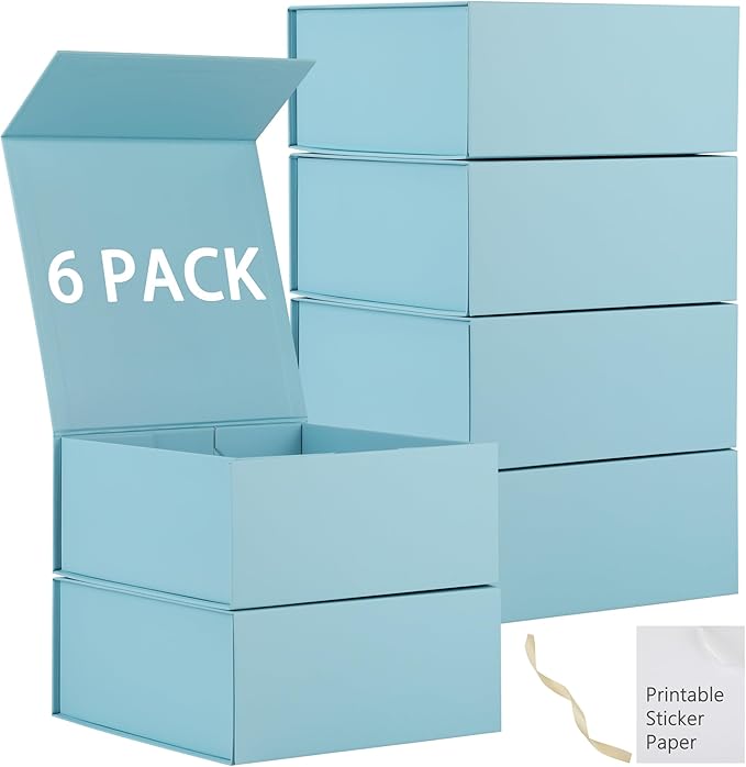 6 Pack Blue Gift Boxes With Lids,9x9x4 Inch Bridesmaid Proposal Box And Printable Stickers,Proposal Boxes With Ribbon For Wedding, Packaging, Present, Birthday