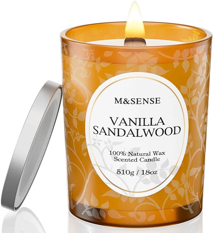 M&SENSE Vanilla Sandalwood Candle, Cracking Wooden Wick Soy Wax, 18oz 100 Hours Long Lasting Clean Burn, Large Jar Candles for Fall Winter Home Scented, Non-Toxic Relaxing Aromatherapy Gifts for Women