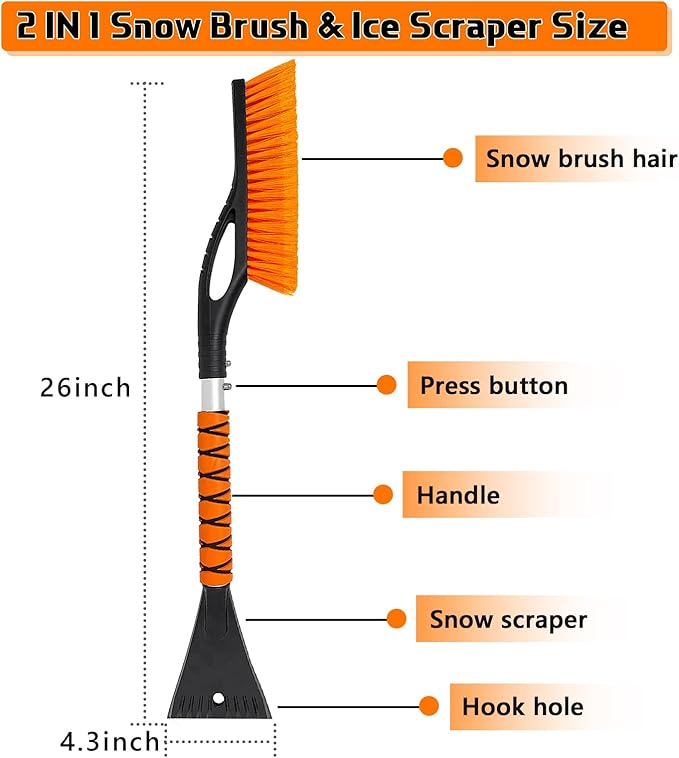 27" Car Snow Brush and Ice Scrapers for Car Windshield, 2-in-1 Detachable Ice Scraper and Brush for Car with Ergonomic Foam Handle, Suitable for Cars, Trucks, SUVs