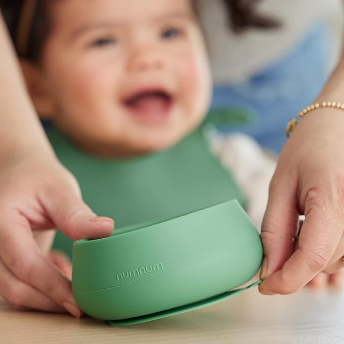 NumNum Baby Bowl & 2 Pack GOOtensils Baby Spoons, Suction Bowls for Baby 4+ Months, Extra Strong Non-Slip Suction, 100% Food-Grade Silicone, BPA-Free, Microwave & Dishwasher Safe (Blue/Green)