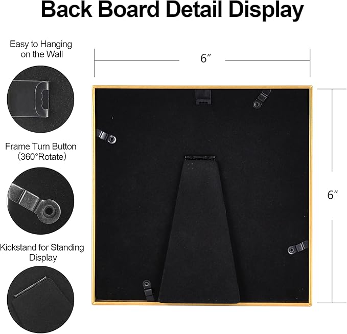 6x6 Picture Frame Set of 2, Gold Modern Simple Thin Aluminum Metal Square Photo Frames with HD Glass, Display for Tabletop and Wall, 2 Pack