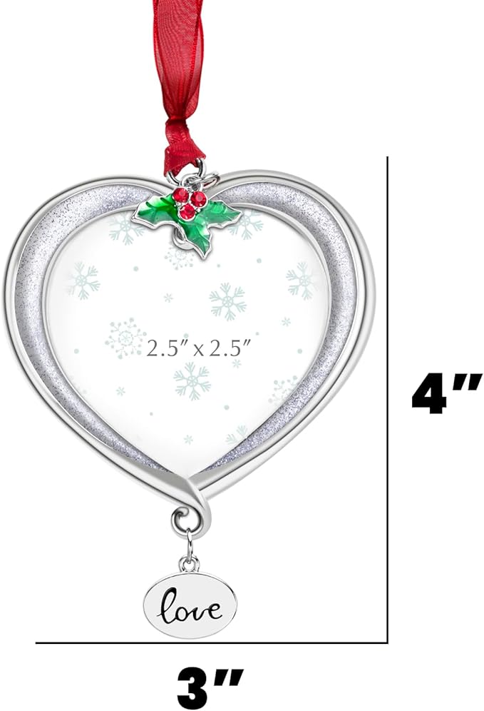 Christmas Tree Ornament Picture Frame Metal Hanging Pendant Holiday 2.5" Photo Frame Charm Decorative of Pets, Baby First Christmas, Family (Love White)