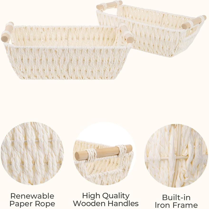StorageWorks Round Paper Rope Woven Basket with Wooden Handles for Gifts, Small Wicker Baskets for Bathroom, Beige, 2-Pack