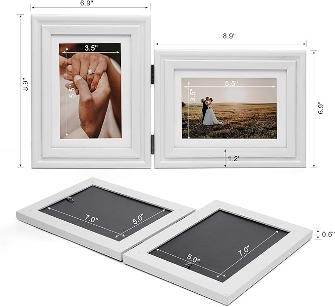 Vertical & Horizontal 5X7 Picture Frames Double Hinged Wood Folding Photo Frames with Real Glass Front Fit for Desktop or Tabletop Display Pictures 4x6 with Mat or 5x7 Without Mat, White