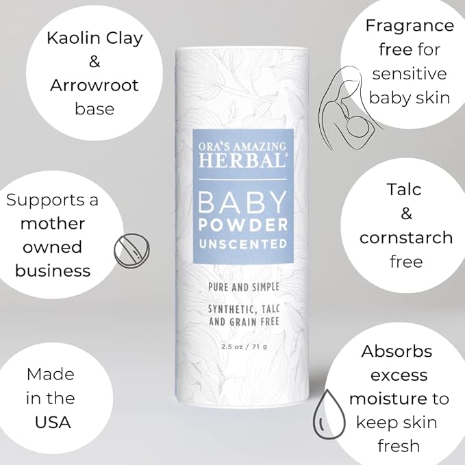 Ora's Amazing Herbal Talc Free Baby Powder, Cornstarch Free, Unscented Fragrance Free Arrowroot Powder