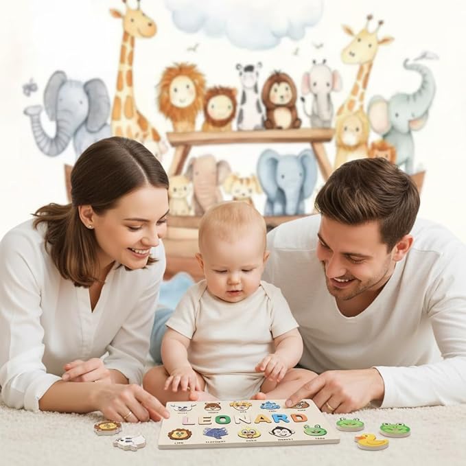 First Birthday Gifts for Boys Girls, Personalized Baby Gifts, Wooden Puzzles for Toddlers 1-3, Animal Toys for Toddlers 1-3, Customized Baby Gift, 1-2 Year Old Toys