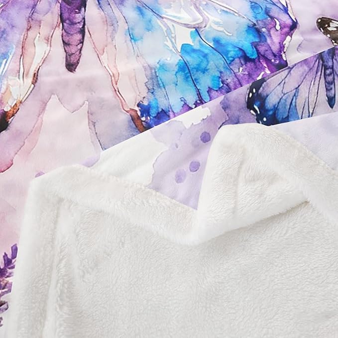 Feelyou Girls Fleece Throw Blanket 40"x50" Kids Watercolor Butterfly Sherpa Blanket Plush Fuzzy for Bed Couch Chair Living Room, Pink Purple Bed Blanket Room Decor
