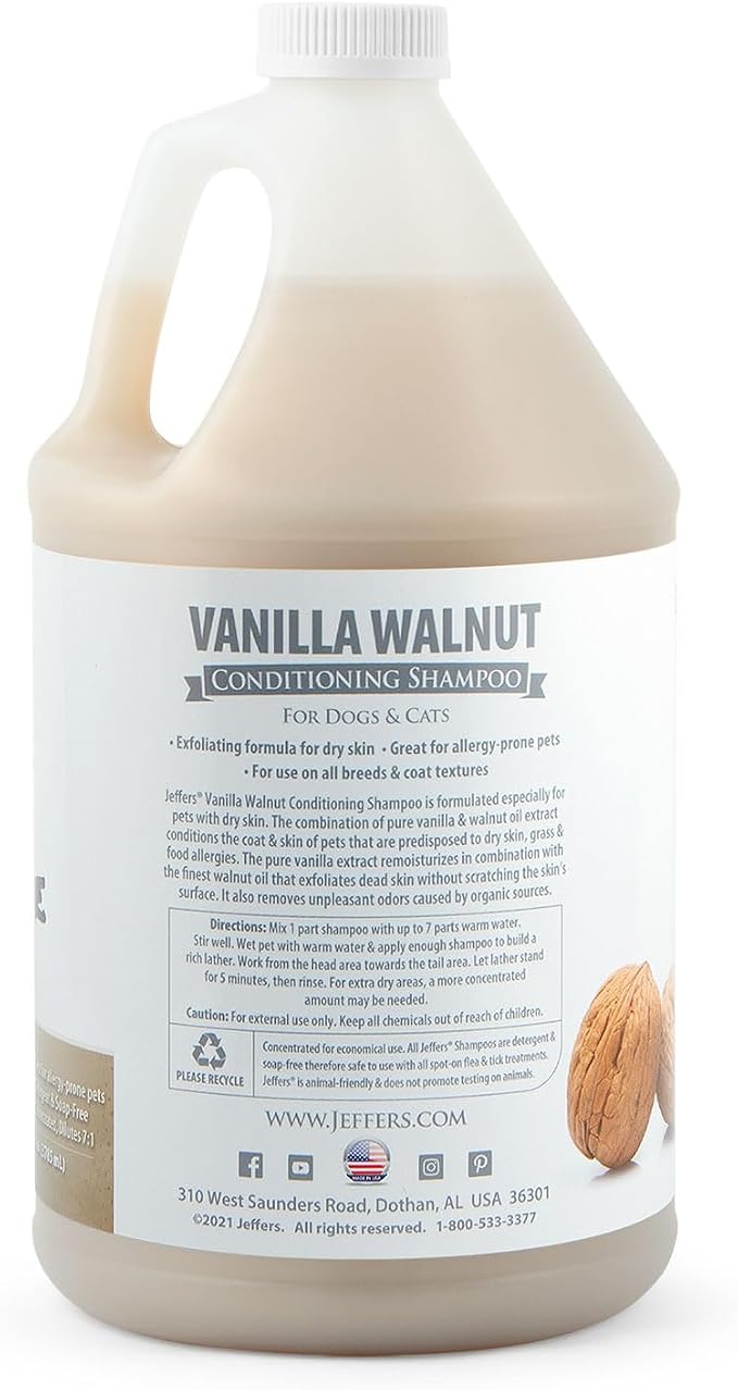 Jeffers Pet Vanilla Walnut Conditioning Dog & Cat Shampoo, 128 oz – Deodorizing Grooming Wash, Coconut Based Soap Free Formula, Walnut Oil & Vanilla Extract, Vitamins A D E, Concentrated Coat Care
