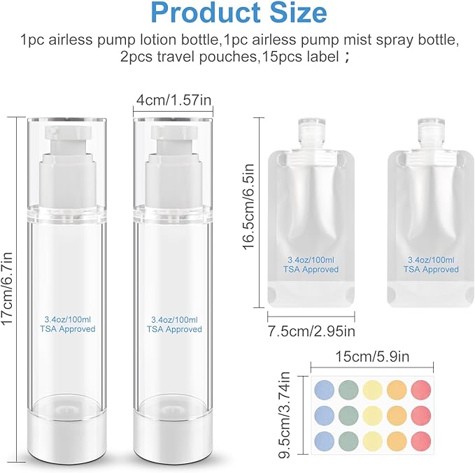 Airless Pump Bottles, 3.4oz/100ml lotion dispenser & Mist Spray Bottle for Toiletries, Refillable Travel Lotion Container,2pack Small Pump Bottle with 2pcs of 100ml Travel Pouches & Labels