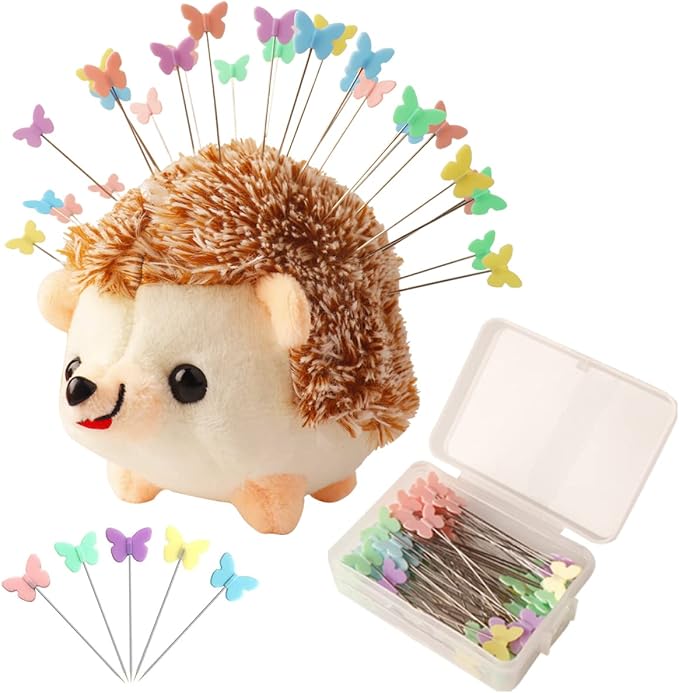 CICILIAYA Hedgehog Shape Pin Cushion, Cute Pincushions Sewing Kit Lovely Needle Cushions Pins Holder Sewing Accessories Supplies with 100Pcs Colored Butterfly Pins for Quilting DIY Crafts Patchwork