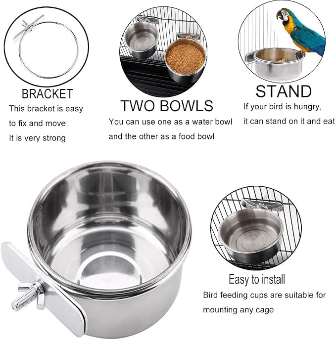 PINVNBY Parrot Feeding Cups Birds Food Dish Stainless Steel Parrot Feeders Water Cage Bowls with Clamp Holder for Cockatiel Conure Parakeet Macaw Small Animal (2PCS, Size: M)