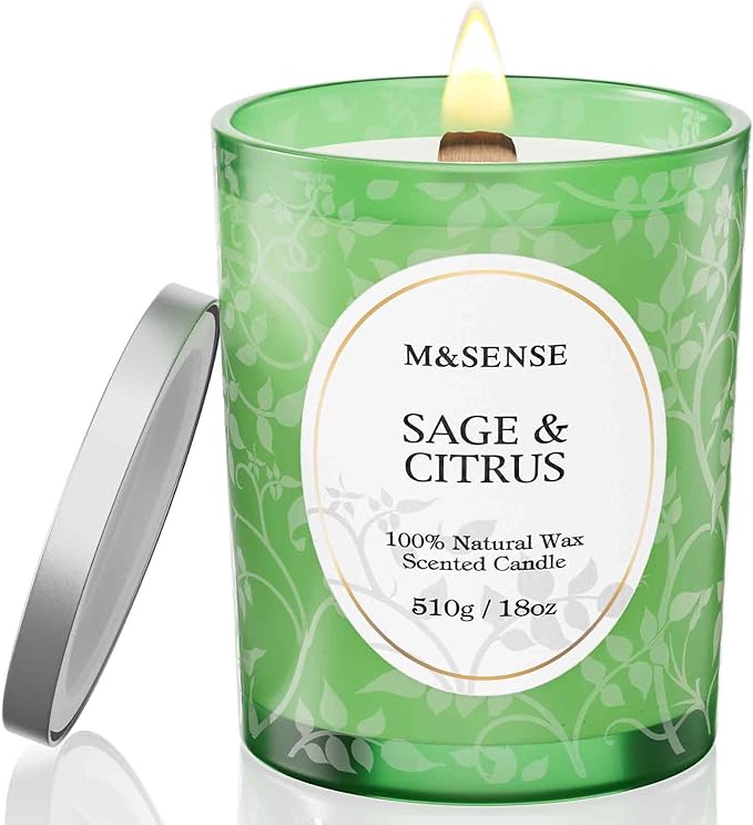 M&SENSE Sage Citrus Scented Candle, Cracking Wooden Wick Soy Wax, 18oz 100 Hours Long Lasting Clean Burn, Large Jar Candles for Home Decor, Non-Toxic Relaxing Fall Winter Aromatherapy Gifts for Women