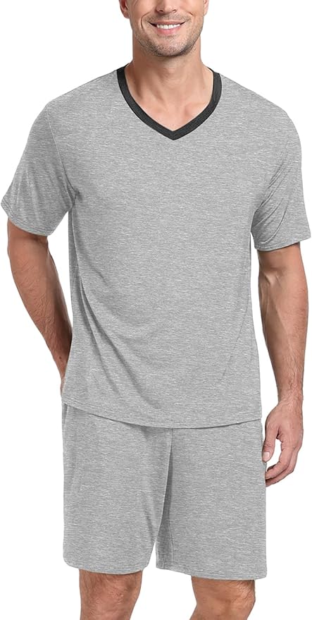 PrinStory Men's Pajama Set Sleepwear Pjs Lightweight Quick Dry Short Sleeve V-Neck Shirts and Shorts Soft Comfy Sleep Sets
