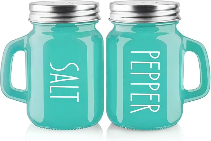 Turquoise Salt and Pepper Shakers Set - Teal Kitchen Decor and Accessories for Home Restaurants Wedding - Glass Salt and Pepper Set for Cooking Table, RV, BBQ, Easy to Clean & Refill